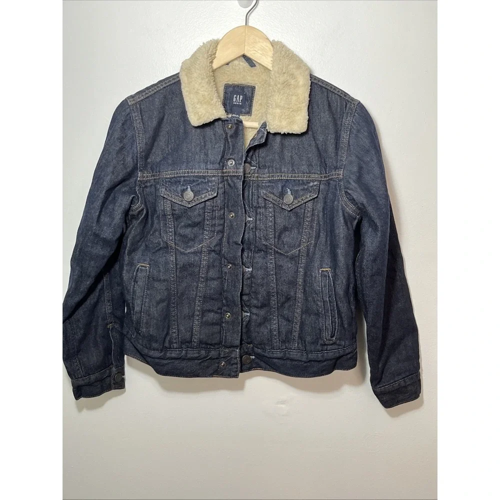 Gap Kids Sherpa Lined Collared Dark Wash Western Stitch Denim Jean Jacket‎ Large